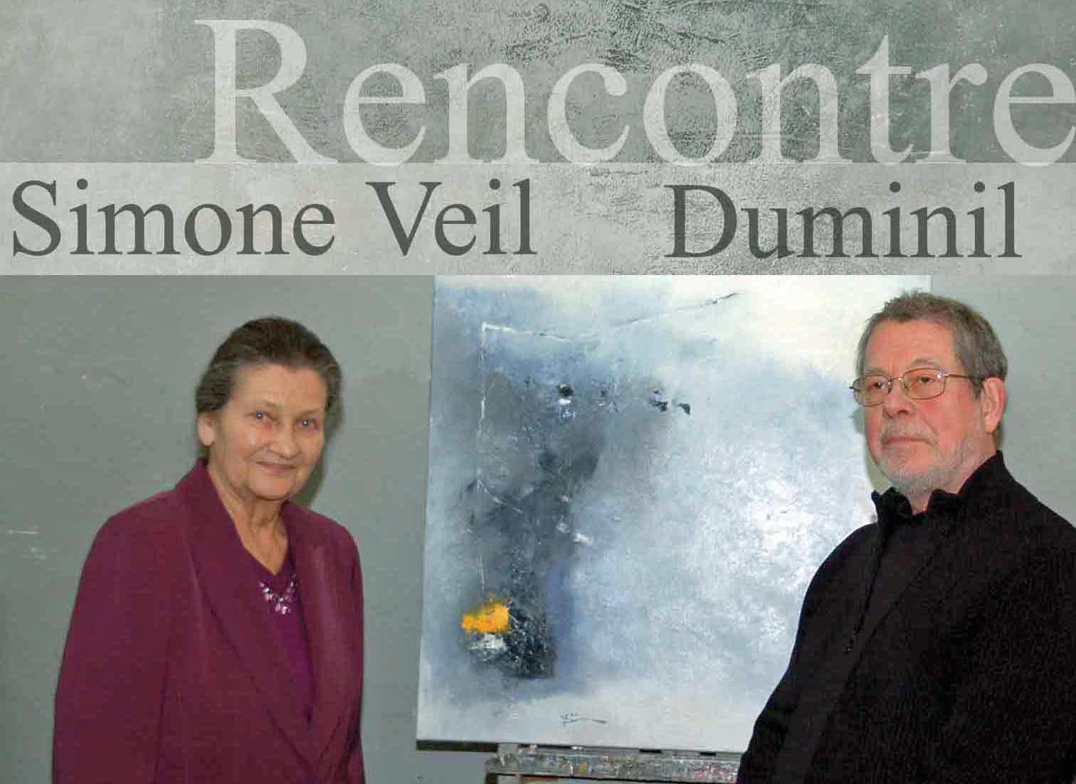 Mme Veil et DUMINIL devant la toile "Passerelles d'humanité"